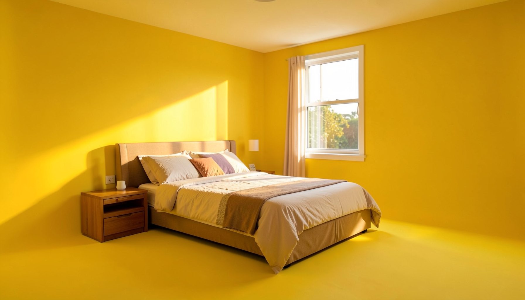 Chambre lumineuse aux tons chauds du sud, lit queen-size dans une alcôve, fenêtre orientée sud-ouest laissant entrer le soleil de fin d'après-midi