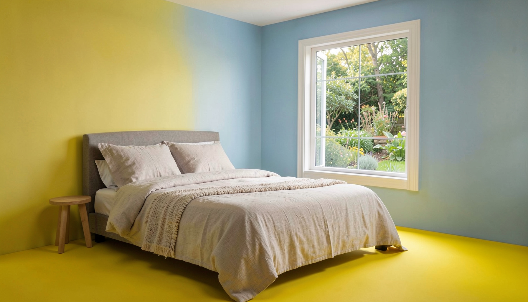 Chambre aux murs bleu doux, lit queen-size habillé de lin naturel, lumière tamisée traversant une fenêtre donnant sur un jardin verdoyant