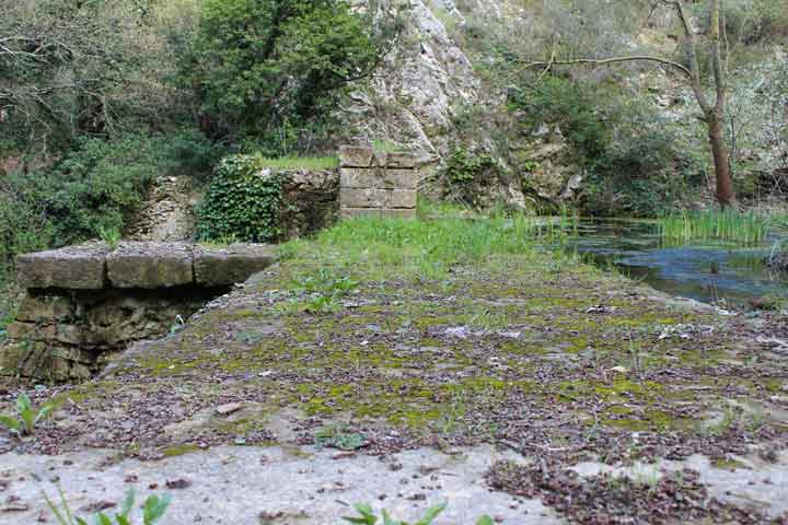 La clairière avec la grande digue et le moulin en ruine médiéval adossé.